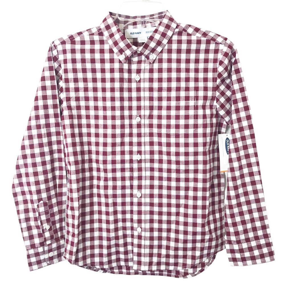 Old Navy NWT Boys' Maroon/White Plaid Button Down Long Sleeve Shirt Size Large